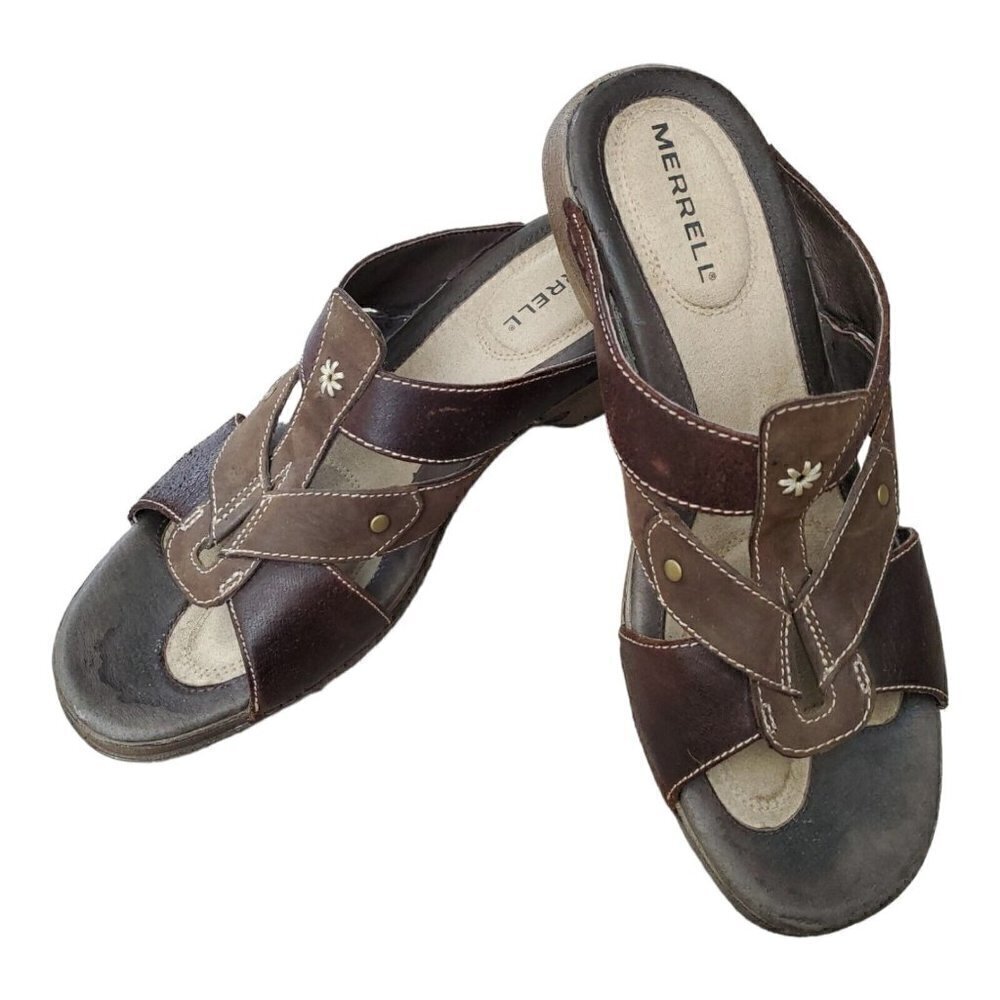 Merrell Womens Luxe Slide Coffee Leather Slip On Block Heel Slide Sandal…